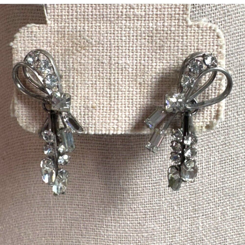 Vintage Carl Art Signed Sterling Silver Crystal Clear Dangle Screw Back Earrings